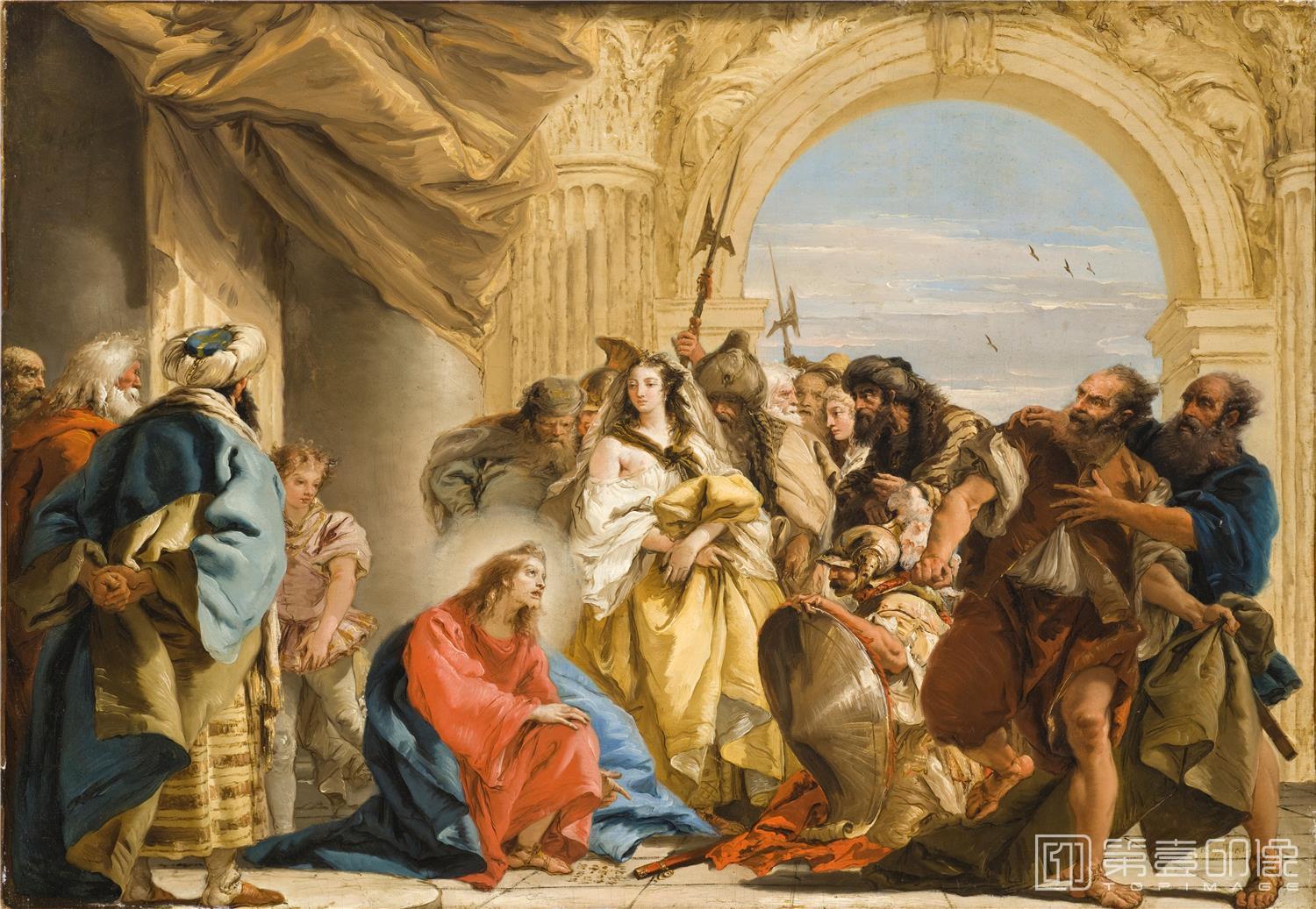 油画-美国洛杉矶国家美术馆-Giovanni Domenico Tiepolo-Christ and the Woman taken in Adultery-095